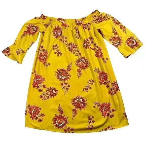 Old Navy Mustard Floral Off Shoulder Bell Sleeve Dress Size Large - Picture 1 of 6